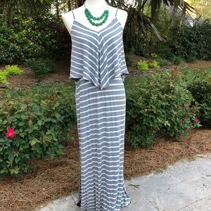 Gray and White Stripe Maxi Dress with Side Slit